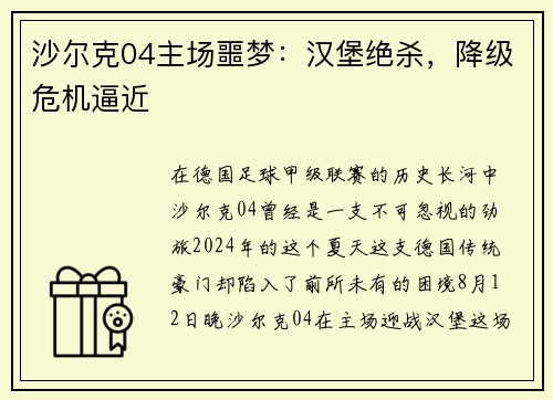 沙尔克04主场噩梦：汉堡绝杀，降级危机逼近